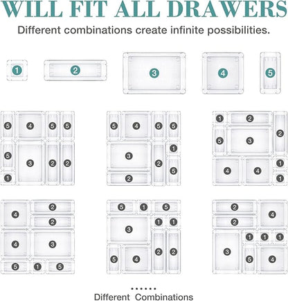 StorMiracle 23 PCS Drawer Organizer Set, 5 Varied Size Bathroom and kitchen Drawer cabinet organizer Trays, Clear Storage Bins for Makeup, Jewelry, Utensils and Gadgets
