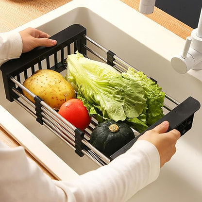 Dish Drying Rack, Adjustable Stainless Steel Drainer Basket Drain Tray for Dishes, Vegetables, and Fruit, On or in Sink Kitchen Basket Dish Drying Rack (Black)