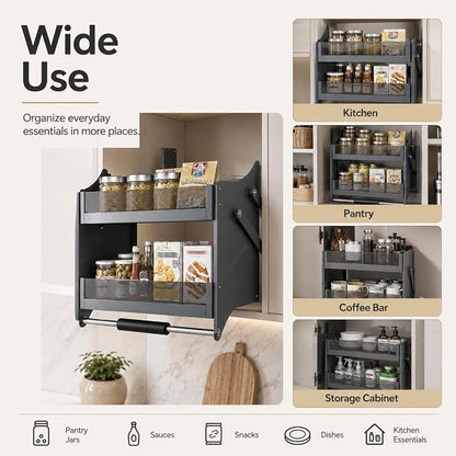 Pull Down Cabinet Shelf 2 Tier Pull-Out Cabinet Organizer Adjustable Bearing Kitchen Cabinet Organizer Shelves with Double-Lever, Drop Down Shelf Organizer Spice Rack System for Dish Rack