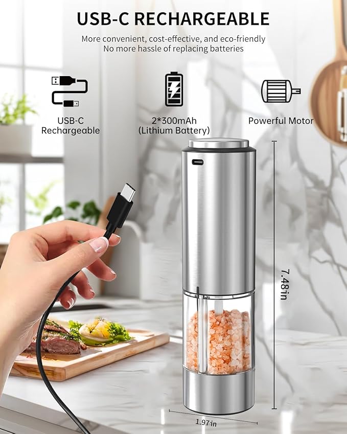 CIRCLE JOY Electric Pepper Grinder Stainless Steel Rechargeable Pepper Mill with Variable Grinding Speed, External Adjustable Coarseness, 95ml Container and White LED Light, Silver