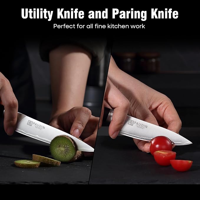 PAUDIN Kitchen Knife Set, Ultra-Sharp Damascus Clad Steel Knives for Meat and Vegetables, Ergonomic Wooden Handle,62 HRC Modern Kitchen Chef Knife Set for Cooking,BBQ,Meal Prep,Gifts for Men and Women