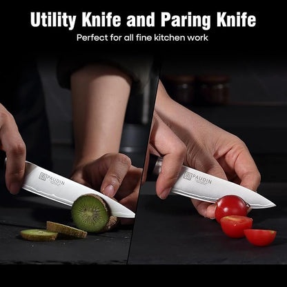 PAUDIN Kitchen Knife Set, Ultra-Sharp Damascus Clad Steel Knives for Meat and Vegetables, Ergonomic Wooden Handle,62 HRC Modern Kitchen Chef Knife Set for Cooking,BBQ,Meal Prep,Gifts for Men and Women