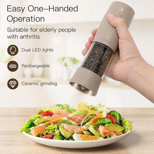 Ultrean Pepper Grinder, Electric Salt and Pepper Grinder Shaker with USB-C Rechargeable, 6 Adjustable Coarseness, LED Light, Larger Capacity Pepper Mill, Kitchen Gadget & Housewarming Gift, Brown