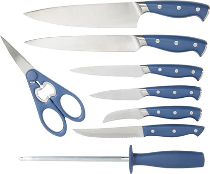 Martha Stewart Greeley Forged High Carbon Stainless Steel 14 Piece Knife Block Set, Navy Blue Kitchen Knife Set with Acacia Wood Block, Chef Knife, Bread Knife, Steak Knives
