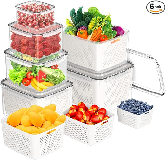 Fruit Storage Containers for Fridge - 6 PCS Poduce Containers for Fridge - Berry Containers for Fridges with Removable Drain Basket - Keep Fruit Lettuce Berry Vegetables Meat Food Stay Fresher Longer