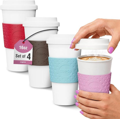 Copco Acadia Travel Mug (4-Pack), 16oz Insulated Coffee Mug with Double-Walled Plastic, Secure Lid - Microwave & Dishwasher Safe, Non-Slip Sleeve, Hot & Cold Drinks - Bright Colors