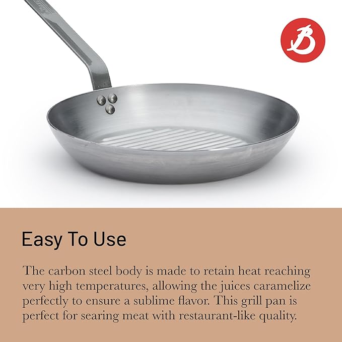 de Buyer MINERAL B Carbon Steel Grill Pan - 10.25” Diameter - Ideal for Grilling & Browning Meat - Naturally Non-Stick Finish - Made in France