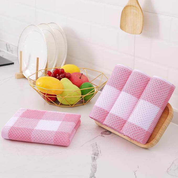 Homaxy Kitchen Towels and Dishcloths Set, 12 x 12 and 13 x 28 Inches, Set of 8 100% Cotton Waffle Weave Check Plaid Kitchen Dish Towels, Super Soft and Absorbent Dish Cloths, White & Pink