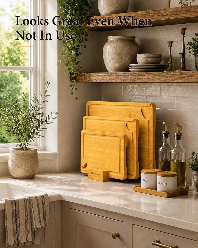 Bamboo Cutting Board Set with Holder, Set of 3 Wooden Cutting Boards for Kitchen, Butcher Block Carbonized Chopping Boards for Small Kitchen, Apartment, Meal Prep, Meat, Vegetables and Fruit
