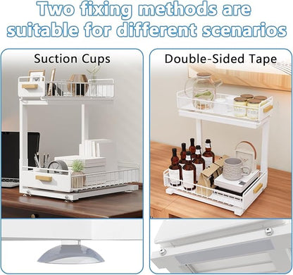 Under Sink Organizer Kitchen - Upgraded Professional Rails, 2 Tier Dual Pull Out Cabinet Storage, Height Adjustable Under Sink Storage, Metal Sliding Drawer for Kitchen & Bathroom, White, 1 Pack