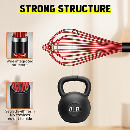 HOTEC 4 Pieces Silicone Whisks Set, Wire Balloon Whisks for cooking Egg Beater, Non-slip Handle Whisk for Non-stick Cookware Perfect for Cooking, Stirring, Beating and Blending,Red