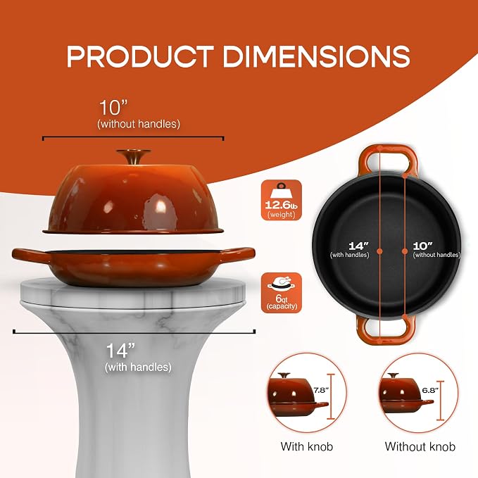 Krustic Enameled Cast Iron Dutch Oven for Sourdough Bread Baking | 6 Quart Pot with Lid | 10 Inch Ceramic Enamel Thick Coated Cookware Set with Non Stick Silicone Baking Mat for Cooking | 6 Qt |