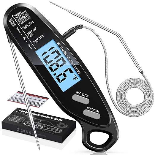 Instant Read Meat Thermometer Digital with Dual Probe, Food Thermometer for Cooking & Grilling, Large Backlit & Calibration, Grill Thermometer for Outside/Kitchen/Oven/Smoker/BBQ/Baking, Black