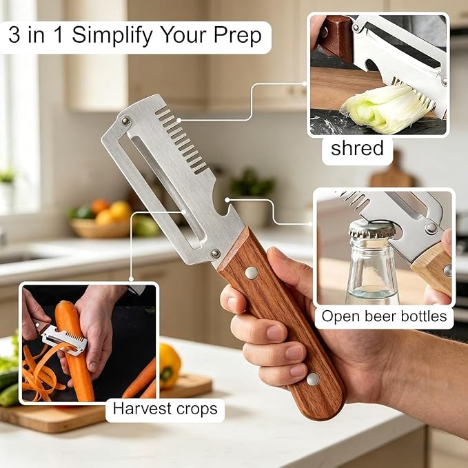 2-Pack MultiFunctional Vegetable Peeler, 3 in 1 Multi Functional Wooden Handle Peeler and Bottle Opener, Kitchen Gadgets Tool for Fruit Pumpkin Peeling Potato Carrot Veggie Peeler