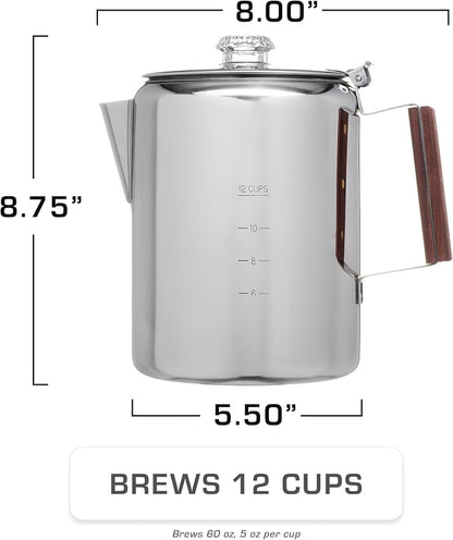 COLETTI Bozeman Percolator Coffee Pot — NO Aluminum or Plastic [12 cup]