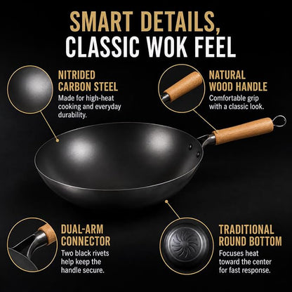Calmabode 12” Round Bottom Carbon Steel Wok with Glass Lid | Traditional Chinese round-bottom wok for gas stoves, nitrided carbon steel, glass lid, ideal for wok hei and stir-fry