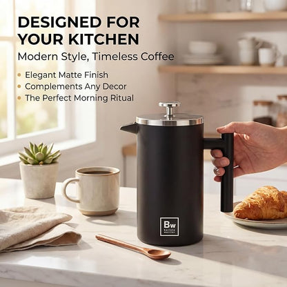 Barista Warrior French Press Coffee Maker - Double-Wall Stainless Steel Insulated French Press with Built-In Thermometer, Dual Filters Coffee Maker with Wooden Spoon - Black