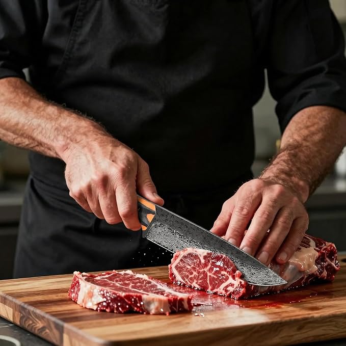 Topfeel 8 Inch Damascus Chef Knife, Professional Kitchen Knife with Japanese VG10 Steel Core, Black Forged Kitchen Knives with G10 Handle, Gifts for Men Women
