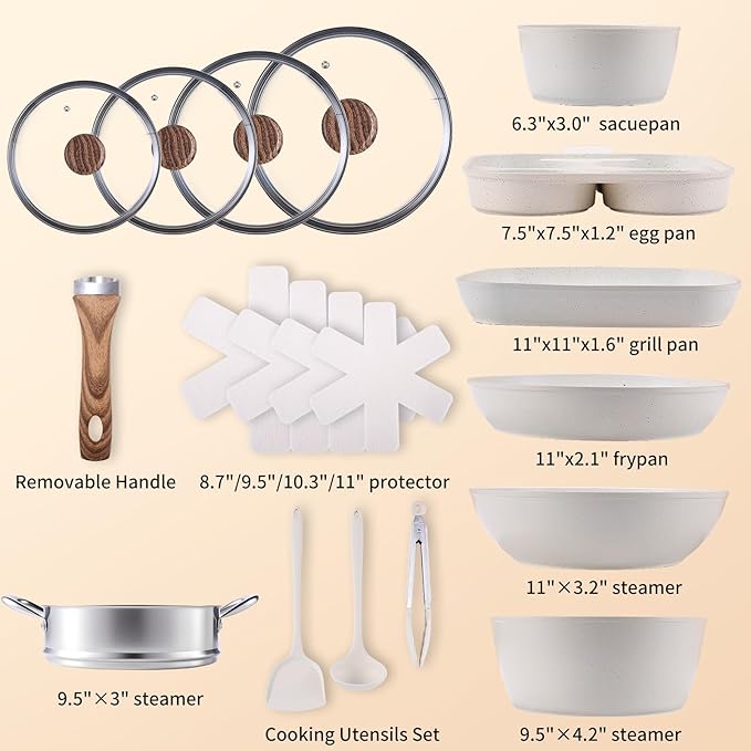 17 Pcs Pots and Pans Set, Nonstick & Non-Toxic Healthy Pots and Pans, Heat-Resistant Handles, Induction Cookware Sets with Frying Pans, White