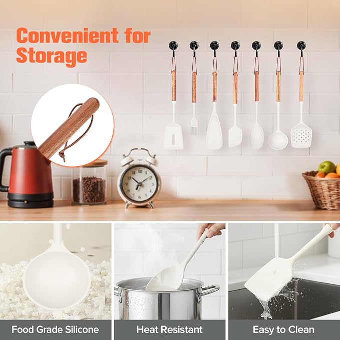 Silicone Cooking Utensils Set of 7 Pack, Wood Handle Heat-Resistant Kitchen Utensils, Non-Stick Cookware Safe - Include Spatula, Spoon, Ladle, Bowl Scraper, Basting Brush for Cooking, Baking (White)