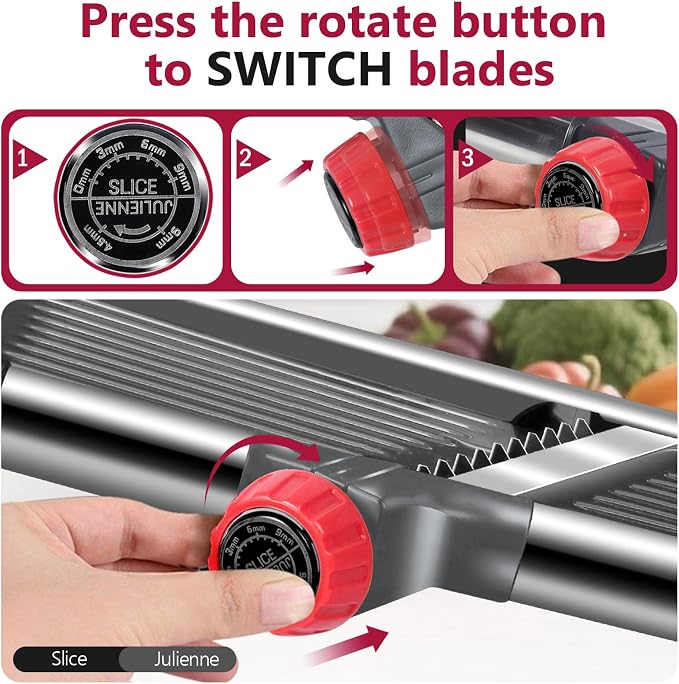 Masthome Adjustable Mandoline Slicer, Thin to 9mm Slice, 4.5mm & 9mm Julienne - Vegetable Cutter for Potato Carrot Onion - Stainless Steel - with Glove & Brush (Red)