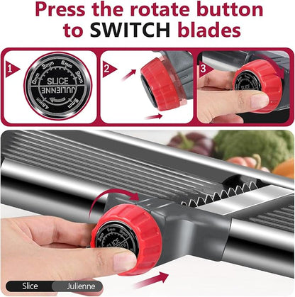Masthome Adjustable Mandoline Slicer, Thin to 9mm Slice, 4.5mm & 9mm Julienne - Vegetable Cutter for Potato Carrot Onion - Stainless Steel - with Glove & Brush (Red)