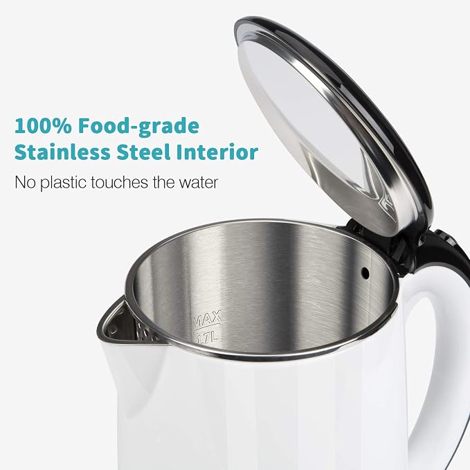 Secura Original Stainless Steel Double Wall Electric Water Kettle 1.8 Quart with Auto Shut-Off & Boil-Dry Protection, White SWK-1701DW/HB-3227B