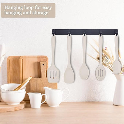 E-far 10 Pieces Silicone Cooking Utensils Set, Heat Resistant Kitchen Utensil Set for Nonstick Cookware, Kitchen Cooking Tools with Spatula, Spoon, Slotted Turner, Non-Toxic & Dishwasher Safe (Khaki)