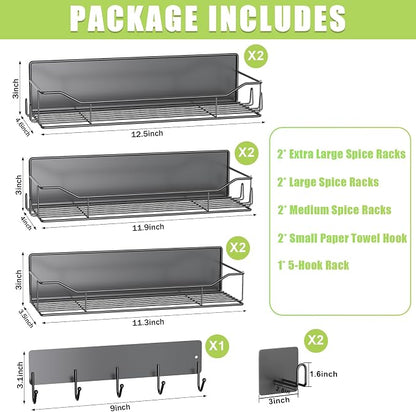 Magnetic Spice Rack for Refrigerator, 9 Pack Magnetic Fridge Shelves W/Adjustable Paper Towel Holder, Hook Rack, Moveable Spice Organizer Shelf for Kitchen Organization and Storage (Black)