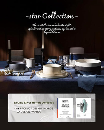 Famiware Star 16-Piece Stoneware Dinnerware Set, Service for 4, Reactive Glaze Mugs, Plates and Bowls, Dishes with Trim, Modern Rustic, Chip/Scratch Resistant, Microwave/Dishwasher Safe, Smoky Blue