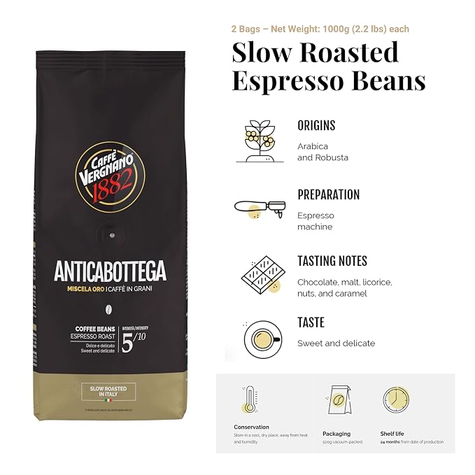 Caffe Vergnano Espresso Beans Antica Bottega Whole Bean Coffee 2.2 lb (Pack of 2) - Italian Medium Roast Arabica, with Chocolate Caramel Notes - For Coffee Maker, French Press Espresso Maker, Moka Pot