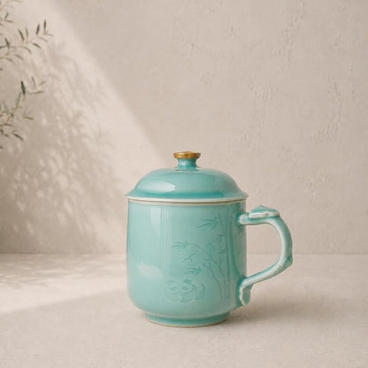 Panda Bamboo Relief Ceramic Tea Mug with Lid, 12oz Handmade Longquan Celadon — Loose Leaf Tea Cup, Cute Unique Gift for Women, Tea Lovers Gift, Gift Box
