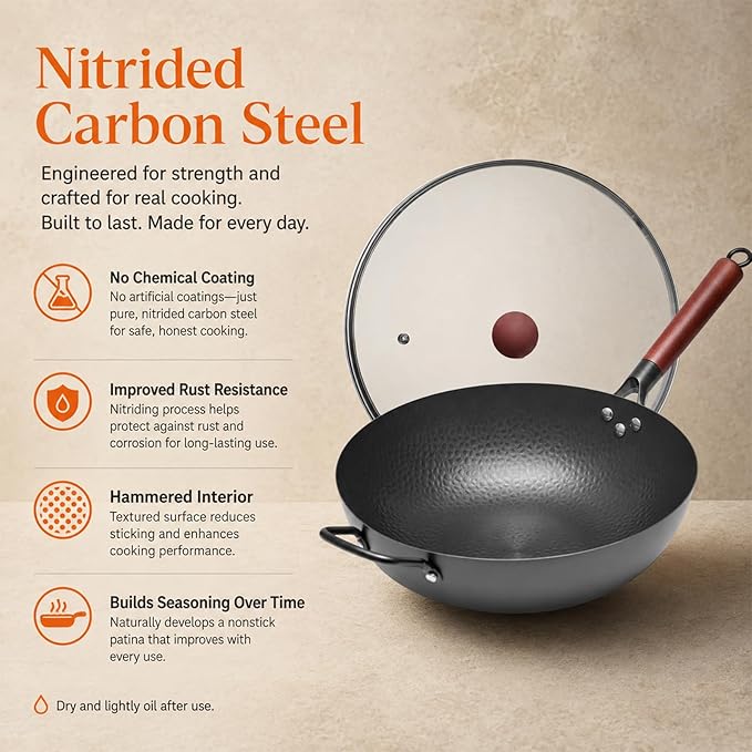 WANGYUANJI 13.4"(34cm) Carbon Steel Wok Pan with Lid,Large Flat Bottom Stir Fry Pan for Electric,Induction & Glass Top Stoves, High Stability No-Wobble Design, Lightweight Chinese Cookware, 4-6 People