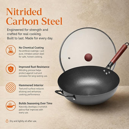 WANGYUANJI 13.4"(34cm) Carbon Steel Wok Pan with Lid,Large Flat Bottom Stir Fry Pan for Electric,Induction & Glass Top Stoves, High Stability No-Wobble Design, Lightweight Chinese Cookware, 4-6 People