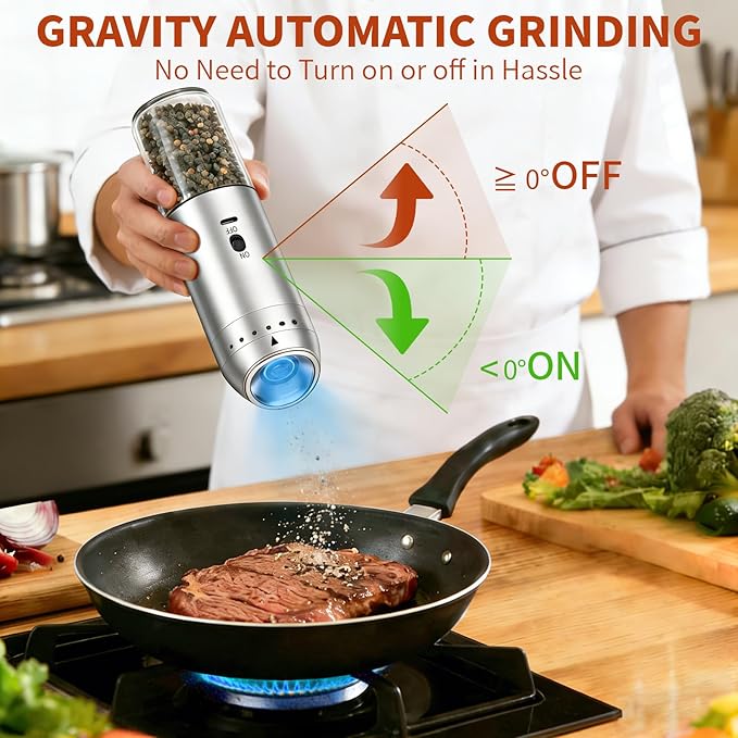 Gravity Salt and Pepper Grinder Set, Automatic Electric Mill Set, Gravity-Sensing, Rechargeable Pepper Grinder Battery Operated, Stainless Steel, Adjustable Coarseness, Kitchen Gadgets Accessories