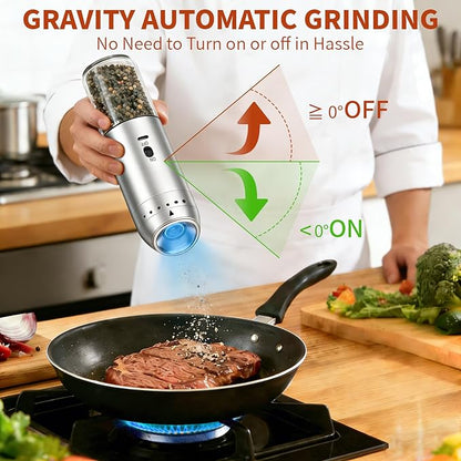 Gravity Salt and Pepper Grinder Set, Automatic Electric Mill Set, Gravity-Sensing, Rechargeable Pepper Grinder Battery Operated, Stainless Steel, Adjustable Coarseness, Kitchen Gadgets Accessories