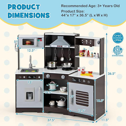 Costzon Corner Kids Kitchen Playset, Wooden Toy Kitchen Set w/Lights & Sounds Range Hood, Ice Maker, Pretend Telephone, Sink, Faucet, Microwave, Oven, Play Kitchen for Kids 3+ (Brown)