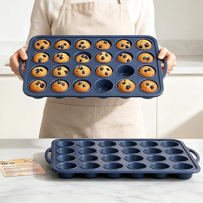 2 Pack Mini Silicone Muffin Pan with Metal Frame, Non Stick Silicone Cupcake Pan with Handles 24 Cup, BPA Free Silicon Muffin Tin Tray Small for baking, egg bites, Cupcake Mold Grey