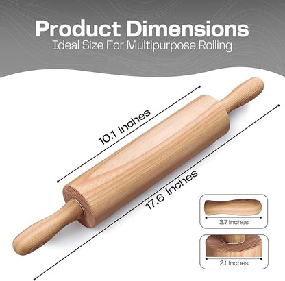 Wooden Rolling Pin 17.6 Inch with Rotating Ergonomic Handles – Classic Beech Wood Dough Roller for Baking Pizza, Pastry, Bread, and Cookies