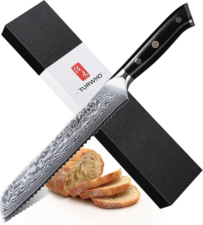 TURWHO Professional serrated Bread Knife 8 Inch - Classic Damascus pattern Japanese VG-10 Steel Kitchen Knives
