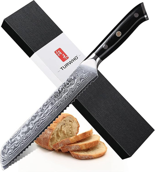 TURWHO Professional serrated Bread Knife 8 Inch - Classic Damascus pattern Japanese VG-10 Steel Kitchen Knives
