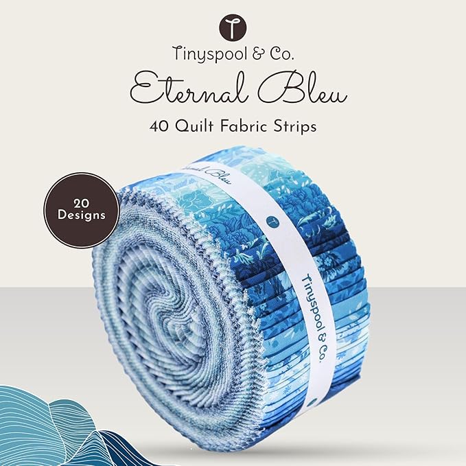 Tinyspool & Co.'s Twirlie Roll 40 Precut Quilting Fabric Strips for Quilting Supplies, Crafting, and Sewing, Soft Cotton Strip for Blanket, Rug, Upholstery, Home Decor, and Purse Making, Eternal Bleu
