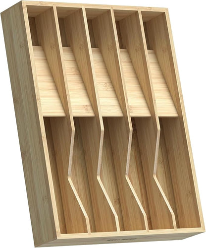 Utensil Drawer Organizer for Silverware,Bamboo 10 Slot | V-Groove & Anti-Slip Blocks, Vertical Storage,16" D x 12.3" W x 2.25" H, Cutlery Holder Dividers for Spoons Forks Knives