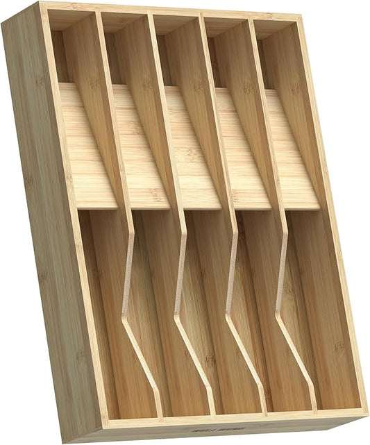 Utensil Drawer Organizer for Silverware,Bamboo 10 Slot | V-Groove & Anti-Slip Blocks, Vertical Storage,16" D x 12.3" W x 2.25" H, Cutlery Holder Dividers for Spoons Forks Knives