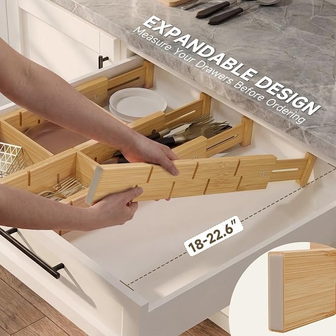 Bamboo Drawer Dividers, Expandable Kitchen Drawer Organizer, Include 6 Dividers, 6 Small Inserts and 6 Medium Inserts for Home, Office, Dressers