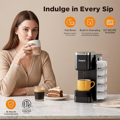 Tastyle Hot & Iced Coffee Maker with Magnetic K-Pod Organizer (Pods Not Included), Stores 10 Pods, 4-5 Cups Coffee Maker & Single-serve Brewer for K Cup & Grounds, 40oz Removable Water Tank, Black
