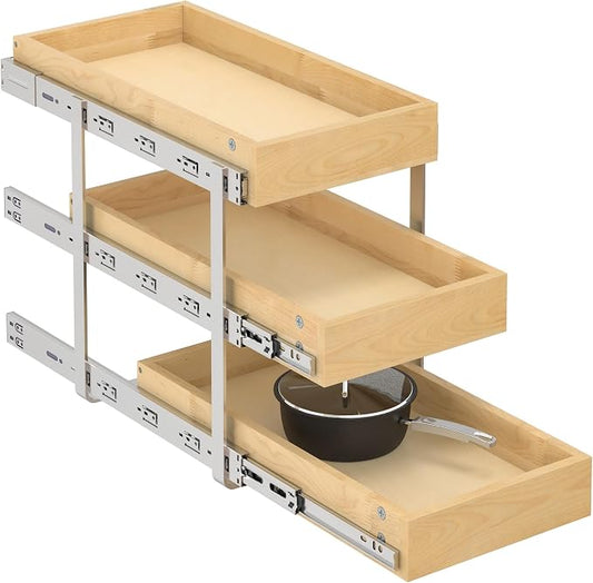 WelFurGeer 3-Tier Pull Out Cabinet Organizer with Soft Close, Heavy-Duty Pull Out Drawers for Cabinets, Slide Out Shelf for Kitchen, Pantry, Bathroom & Under Sink, Solid Birch Wood