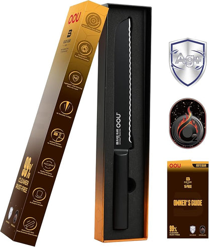 OOU® Black Blade 8 Inch Bread Knife with AgShield™ & Cerablack™ Technology, Rust-Resistant & Easy-Clean Finish, Serrated Edge for Sourdough, Bagels & Cake