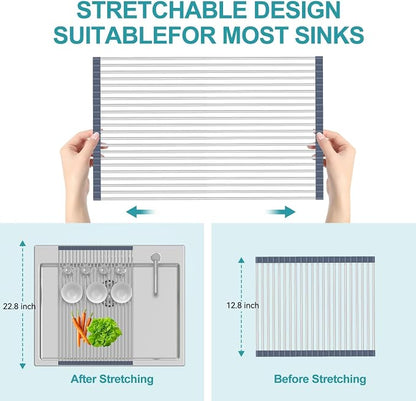 BBXTYLY Extra Large Expandable Roll Up Dish Drying Rack,Over The Sink Drying Rack Sink Cover Kitchen Sink Accessories Kitchen Rolling up Stainless Steel Drainer, Foldable,Rollable（Gray，22.8''-17.3''）