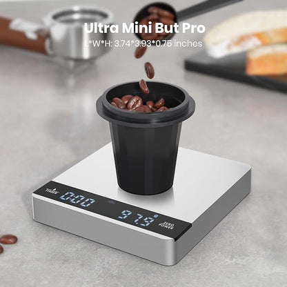 Maestri House S1 Mini Espresso Coffee Scale with Timer, Rechargeable 2kg/0.1g Precision Shot Scale for Espresso Brewing, Portable Digital Coffee Scale with Automatic Timing, Metal Finish-Silver